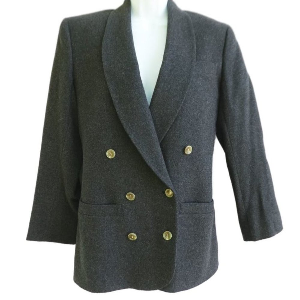 Pure CaMeL HaiR Blazer Double Breasted Shawl Collar Charcoal Grey Vintage 80s